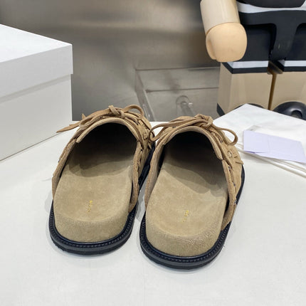 THE ROW 26S FRINGE LACE UP MULES IN SAND BEIGE SUEDE