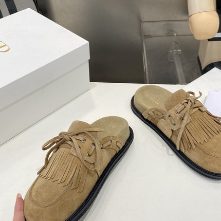 THE ROW 26S FRINGE LACE UP MULES IN SAND BEIGE SUEDE