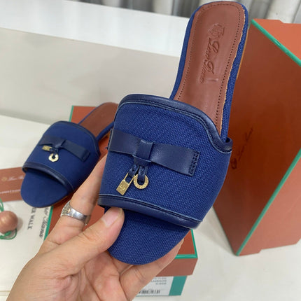 LP 26S SLIDES IN NAVY BLUE CANVAS AND CALFSKIN