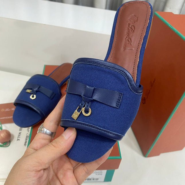 LP 26S SLIDES IN NAVY BLUE CANVAS AND CALFSKIN