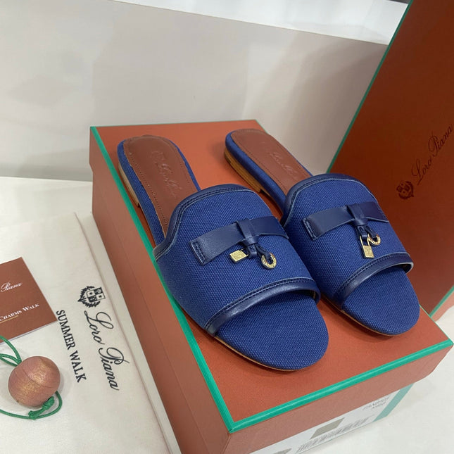 LP 26S SLIDES IN NAVY BLUE CANVAS AND CALFSKIN