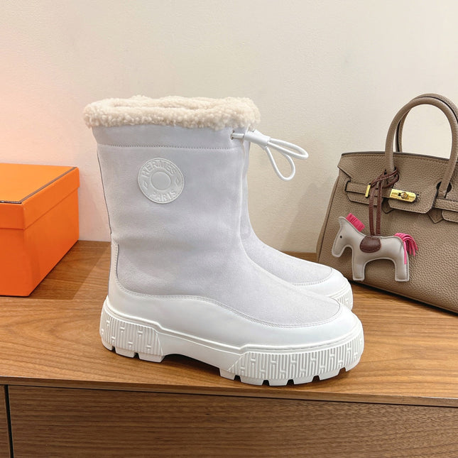 HM 26S SHEARLING DRAWSTRING BOOTS IN WHITE SUEDE