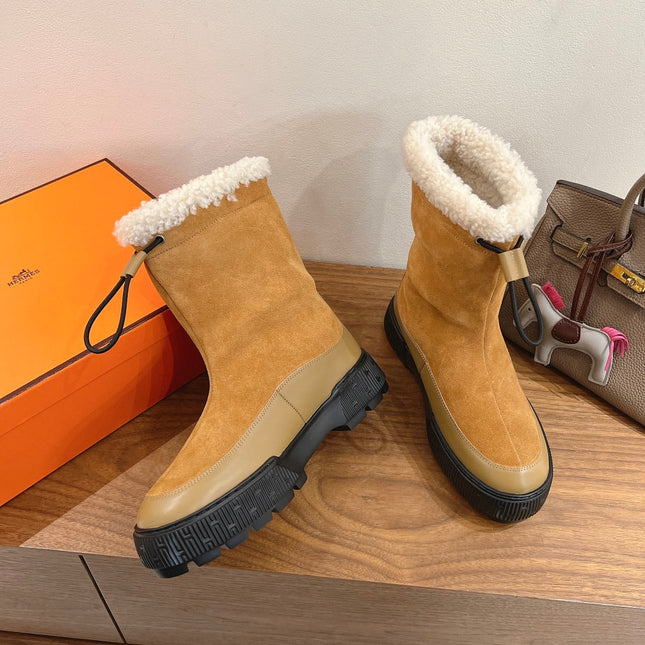 HM 26S SHEARLING DRAWSTRING BOOTS IN CAMEL BROWN MIX BEIGE SUEDE
