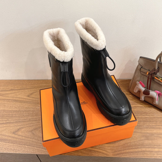 HM 26S SHEARLING DRAWSTRING BOOTS IN BLACK CALFSKIN