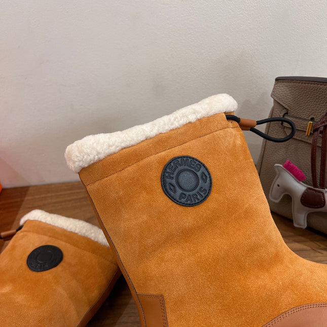 HM 26S SHEARLING DRAWSTRING BOOTS IN CAMEL BROWN SUEDE