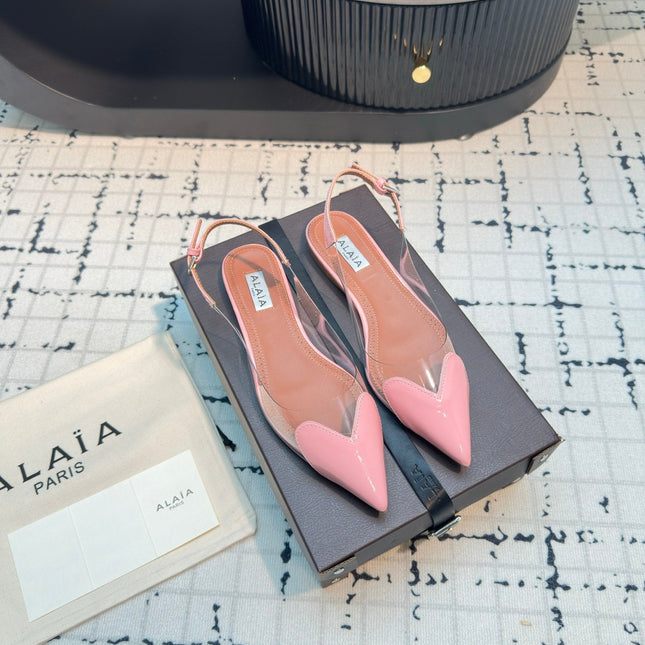 ALAIA FLAT SLINGBACK IN ROSE PINK PATENT CALFSKIN AND FILM