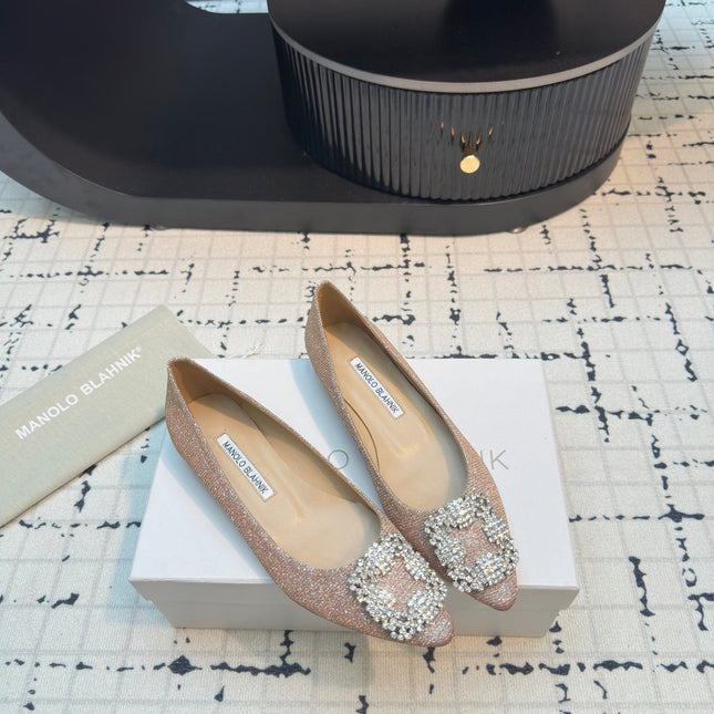 Hangisi 20 Ballet Flat Beige Glitter Fabric Leather Jewel Buckle 912605