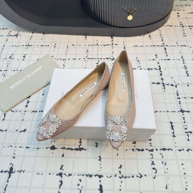 Hangisi 20 Ballet Flat Beige Glitter Fabric Leather Jewel Buckle 912605