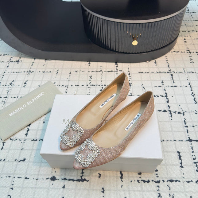 Hangisi 20 Ballet Flat Beige Glitter Fabric Leather Jewel Buckle 912605