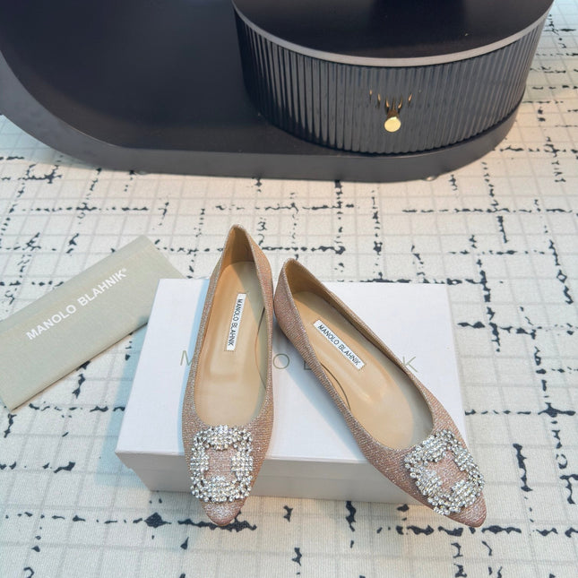 Hangisi 20 Ballet Flat Beige Glitter Fabric Leather Jewel Buckle 912605