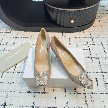 Hangisi 70 Beige Glitter Fabric Leather Jewel Buckle Pumps 912611