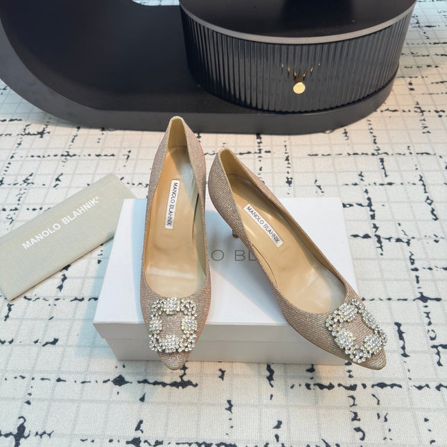 Hangisi 70 Beige Glitter Fabric Leather Jewel Buckle Pumps 912611
