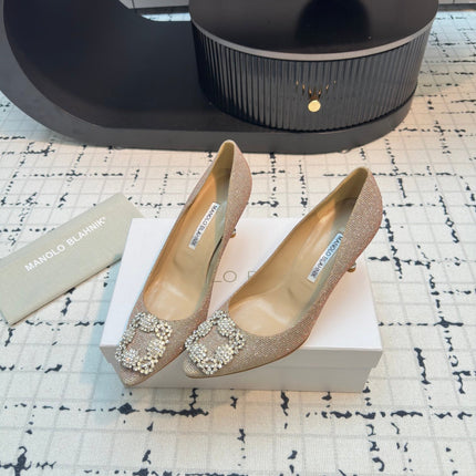 Hangisi 70 Beige Glitter Fabric Leather Jewel Buckle Pumps 912611