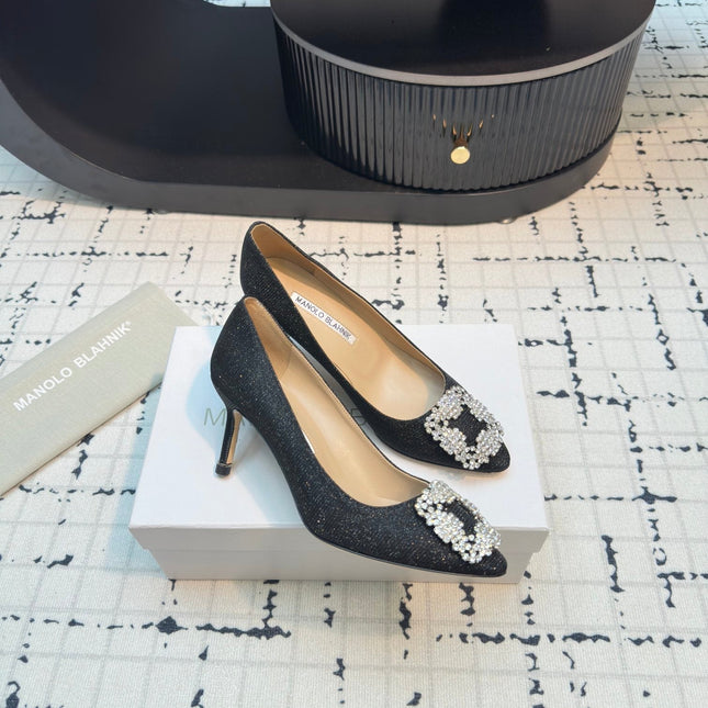 Hangisi 70 Black Glitter Fabric Leather Jewel Buckle Pumps 912612