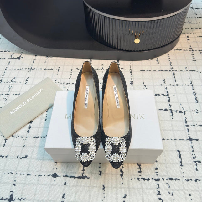 Hangisi 70 Black Glitter Fabric Leather Jewel Buckle Pumps 912612