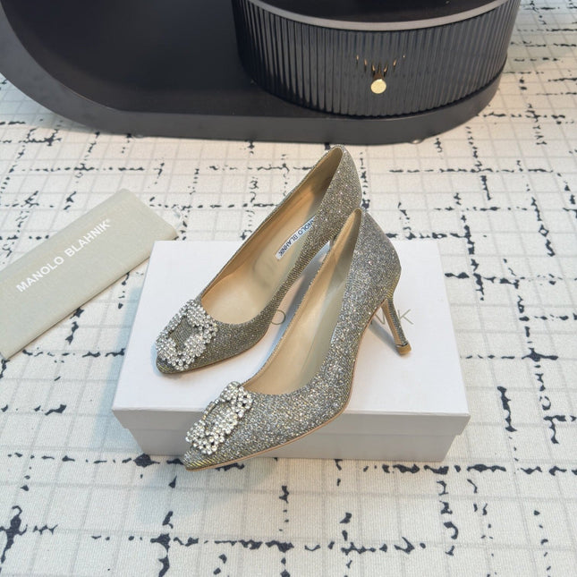 Hangisi 70 Gold Glitter Fabric Leather Jewel Buckle Pumps 912614