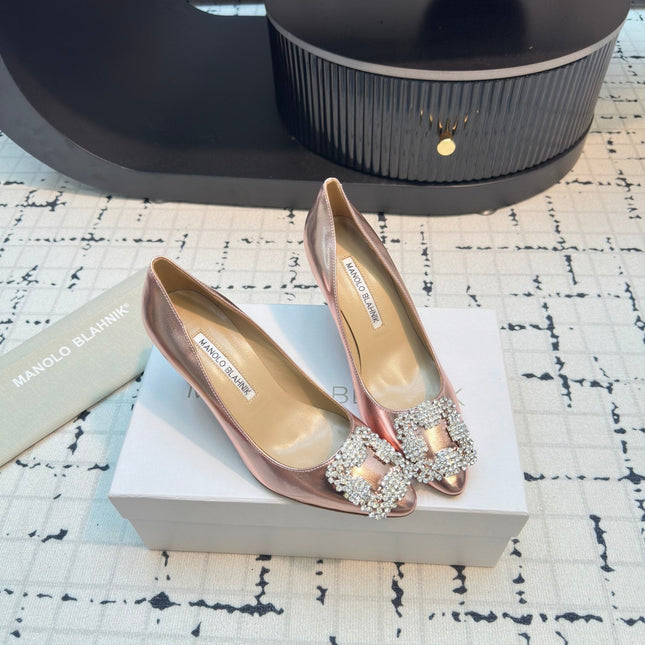 Hangisi 70 Rose Gold Metallic Leather Jewel Buckle Pumps 912618