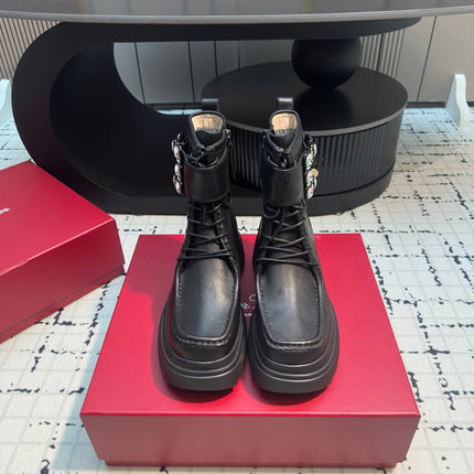 VIV' RANGERS ANKLE BOOTS IN BLACK CALFSKIN STRASS BUCKLE