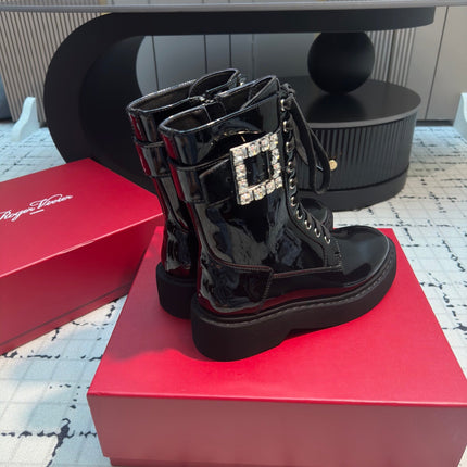 VIV' RANGERS STRASS BUCKLE BOOTS IN BLACK PATNET CALFSKIN EMBELLISHED BUCKLE