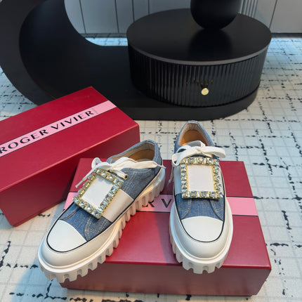 VIV' GO-THICK STRASS BUCKLE SLIP-ON SNEAKERS IN BLUE DENIM