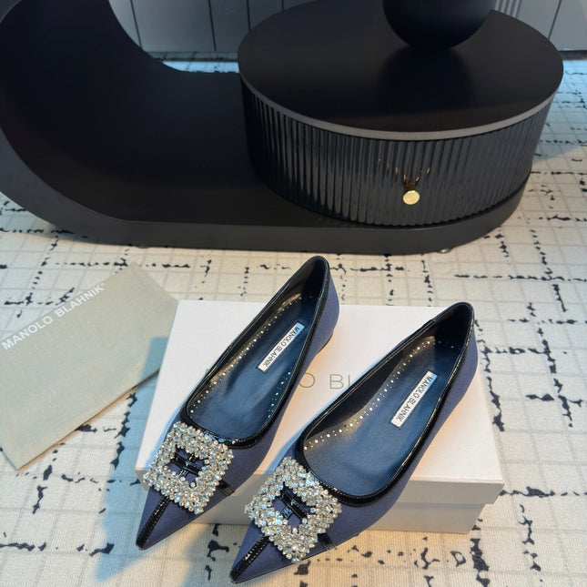 Hangisi 10mm Ballet Flat Dark Blue Linen with Black Leather Jewel Buckle 161059
