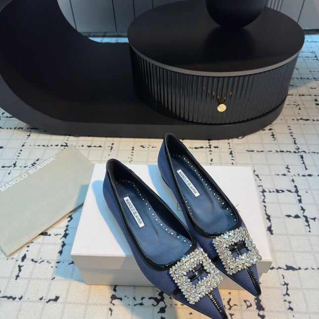 Hangisi 10mm Ballet Flat Dark Blue Linen with Black Leather Jewel Buckle 161059
