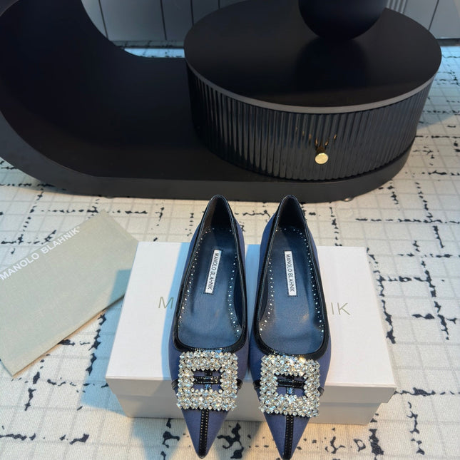 Hangisi 10mm Ballet Flat Dark Blue Linen with Black Leather Jewel Buckle 161059