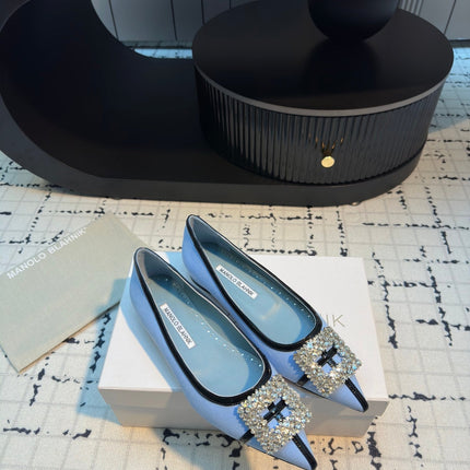 Hangisi 10mm Ballet Flat Ocean Blue Linen with Black Leather Jewel Buckle 161062