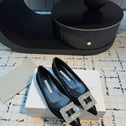 Hangisi 10mm Ballet Flat Black Linen and Leather Jewel Buckle 161063