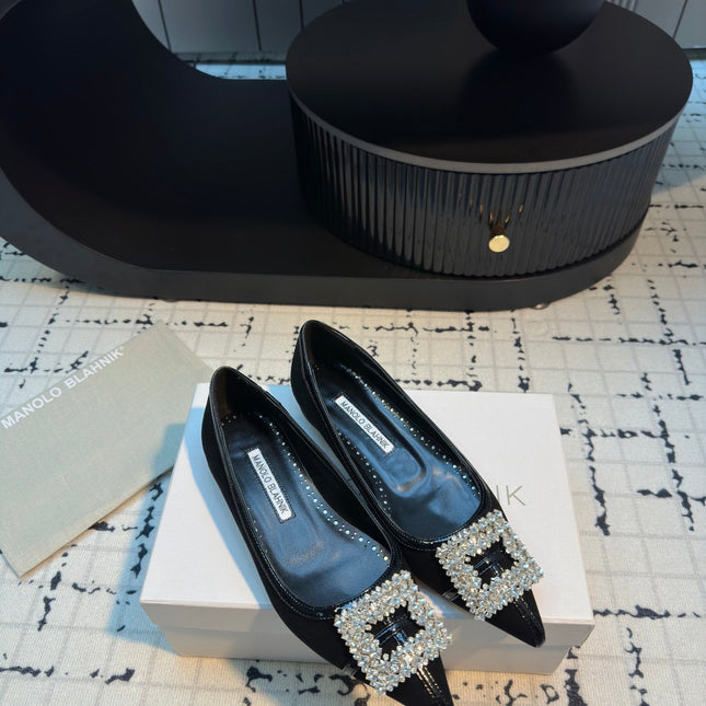 Hangisi 10mm Ballet Flat Black Linen and Leather Jewel Buckle 161063