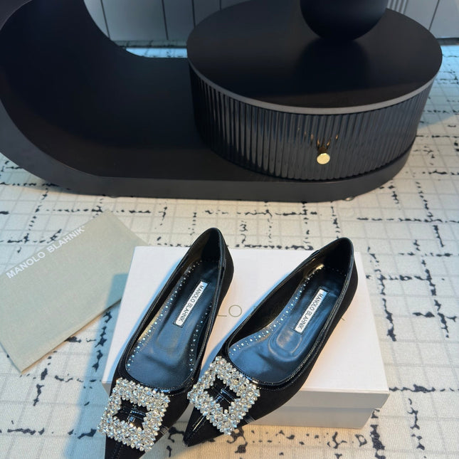 Hangisi 10mm Ballet Flat Black Linen and Leather Jewel Buckle 161063