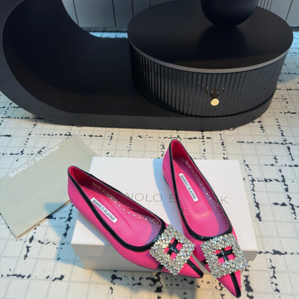 Hangisi 10mm Ballet Flat Dark Pink Linen with Black Leather Jewel Buckle 161065