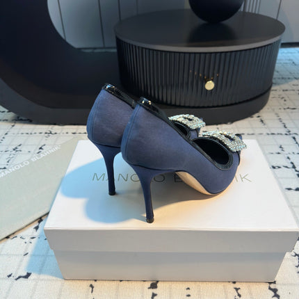 Hangisi 100 Dark Blue Linen with Black Leather Jewel Buckle Pumps 161070