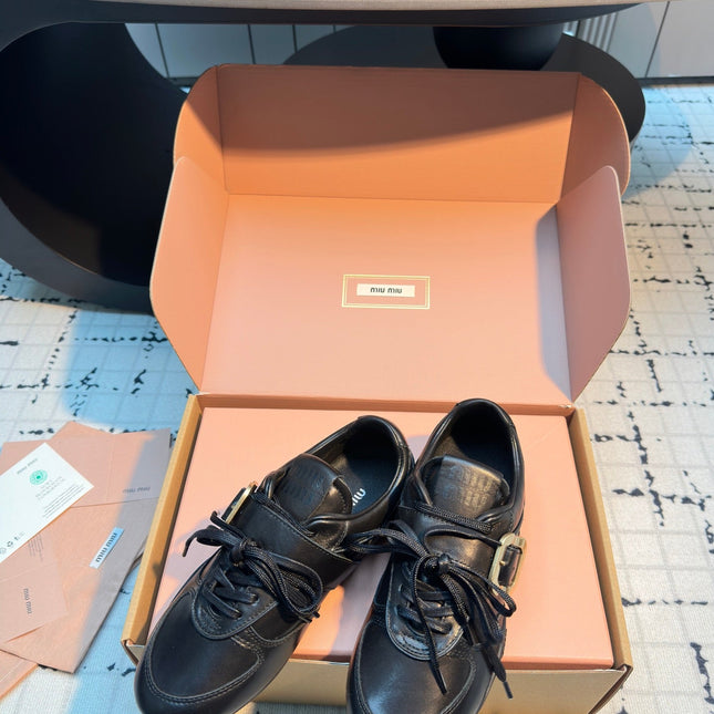 MIUMIU 26S LACE UP SNEAKERS IN BLACK CALFSKIN BUCKLE STRAP DETAIL