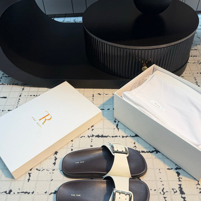THE ROW 26S BUCKLE SLIDE SANDALS IN WHITE CALFSKIN