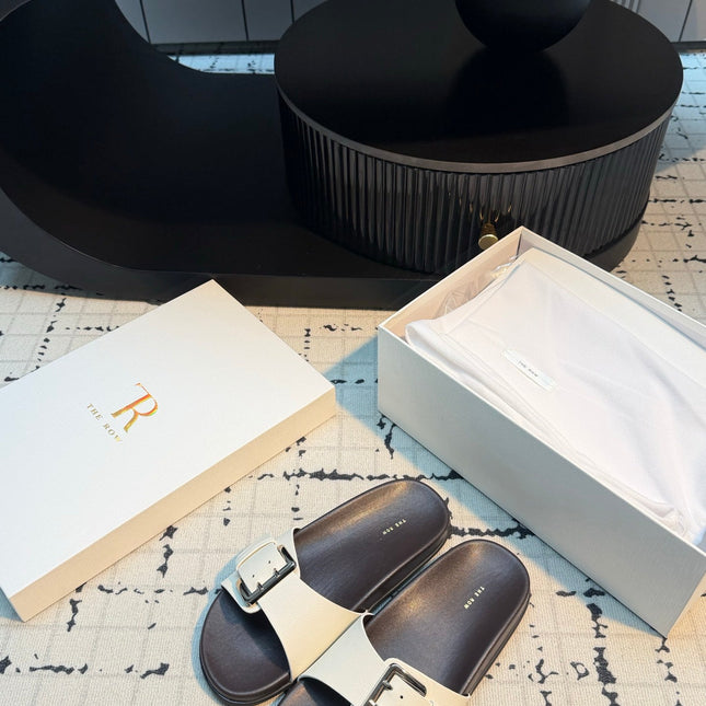 THE ROW 26S BUCKLE SLIDE SANDALS IN WHITE CALFSKIN