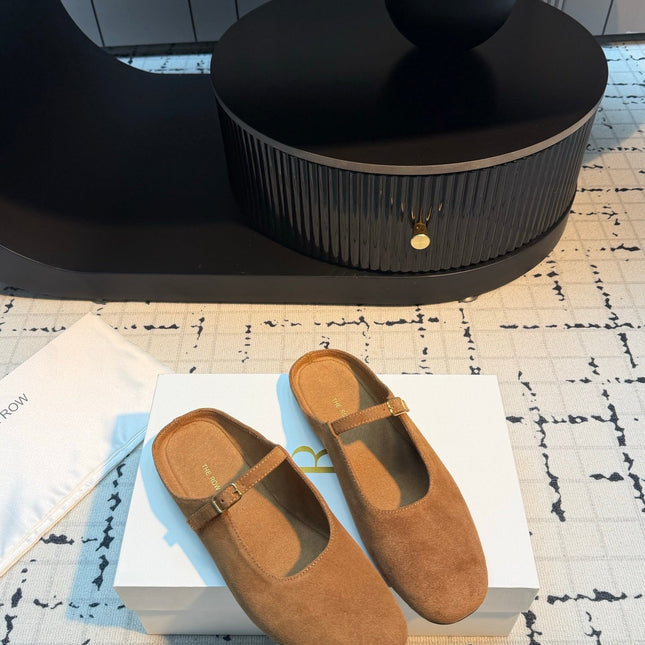 THE ROW 26S MARY JANE MULES 20MM IN CARAMEL BROWN SUEDE