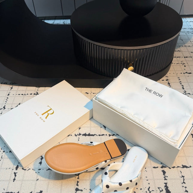 THE ROW 26S THONG SANDALS IN WHITE POLKA DOT SATIN