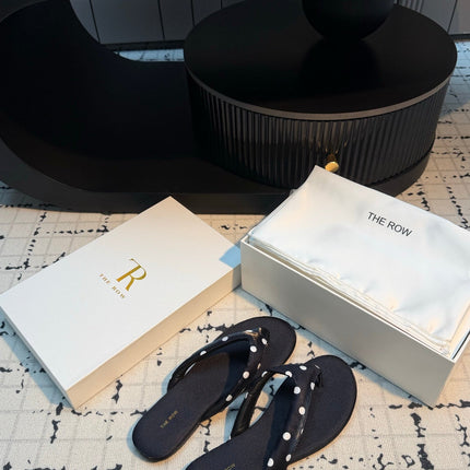 THE ROW 26S THONG SANDALS IN BLACK POLKA DOT SATIN