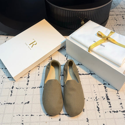 THE ROW 26S LOAFERS IN OLIVE GREEN CANVAS