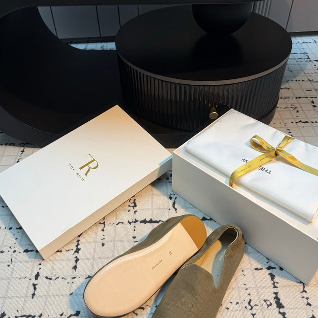 THE ROW 26S LOAFERS IN OLIVE GREEN CANVAS