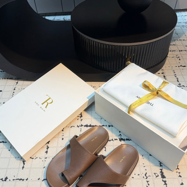 THE ROW 26S THONG SLIDE SANDALS IN BROWN CALFSKIN
