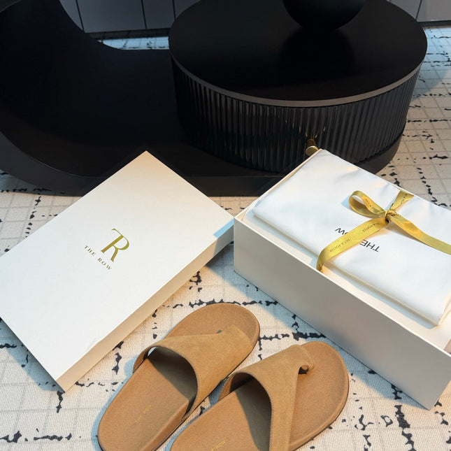 THE ROW 26S THONG SLIDE SANDALS IN BEIGE SUEDE