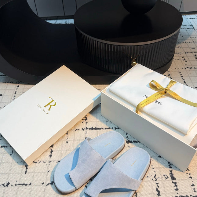 THE ROW 26S THONG SLIDE SANDALS IN POWDER BLUE SUEDE