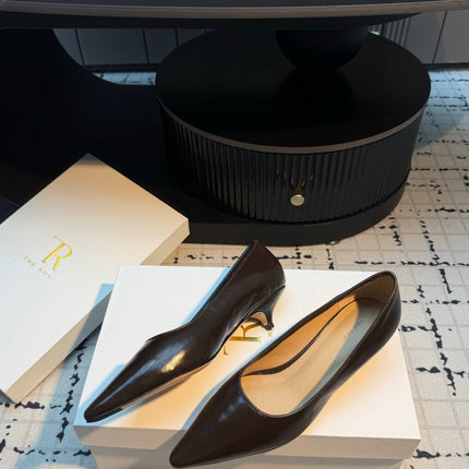THE ROW 26S POINTED TOE HIGH HEELS 35MM IN DARK BROWN CALFSKIN