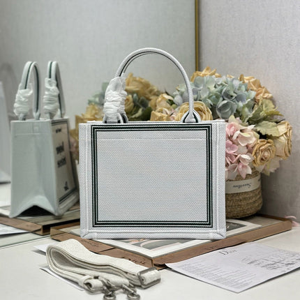 DIOR 26S BOOK TOTE BAG 26 IN WHITE EMBROIDERED LETTERING FABRIC
