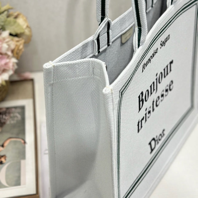 DIOR 26S BOOK TOTE BAG 42 IN WHITE EMBROIDERED LETTERING FABRIC