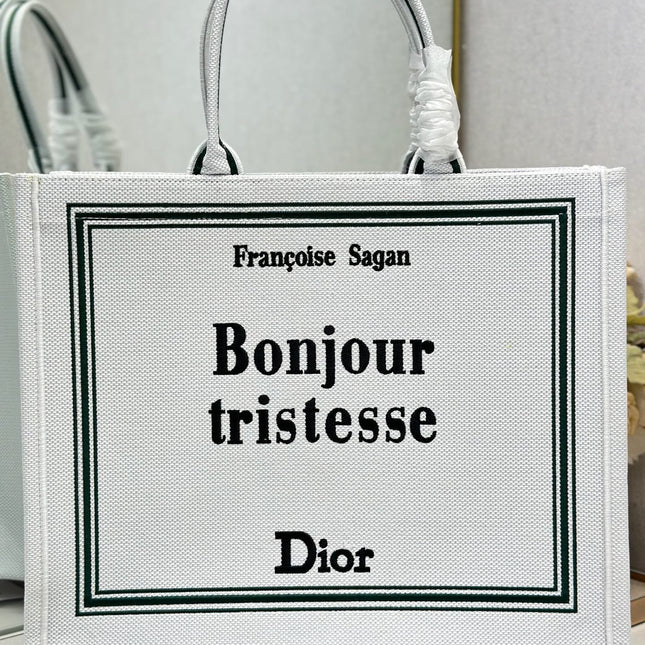 DIOR 26S BOOK TOTE BAG 42 IN WHITE EMBROIDERED LETTERING FABRIC
