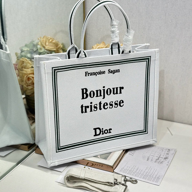 DIOR 26S BOOK TOTE BAG 42 IN WHITE EMBROIDERED LETTERING FABRIC