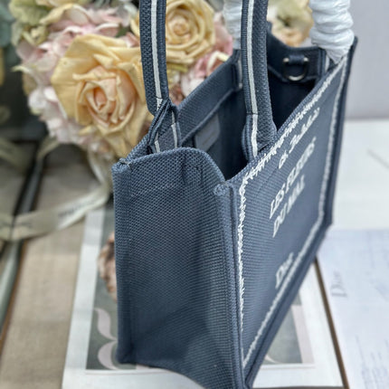DIOR 26S BOOK TOTE BAG 26 IN GREY EMBROIDERED LETTERING FABRIC